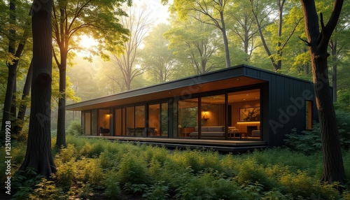 Modern minimalist home surrounded by lush green forest at sunrise with large glass windows revealing cozy interior space of a home.  natural beauty and warm light illuminating the tranquil scene. photo