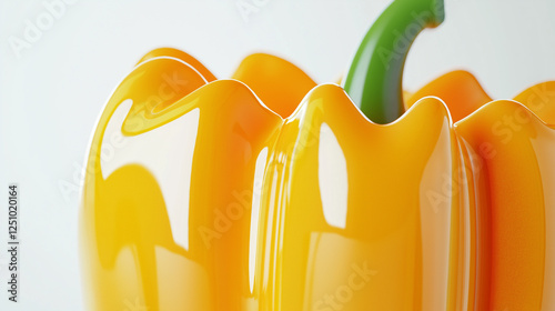 Ultra-detailed macro shot of a fresh yellow bell pepper with a glossy surface and green stem.