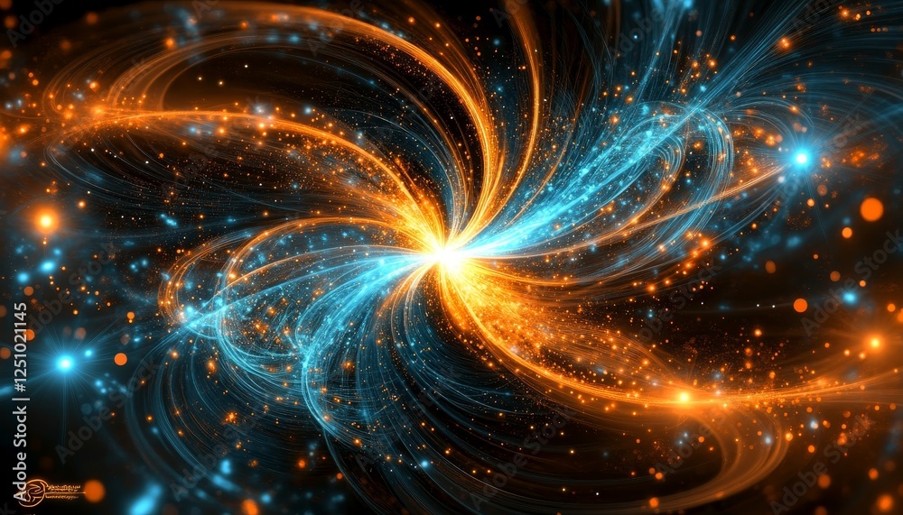Teal and Blue Beams Converging in a Sparkling Burst of Orange and Cyan, Abstract Background Teal and Blue Beams Converging in a Sparkling Burst of Orange and Cyan, Abstract Background
