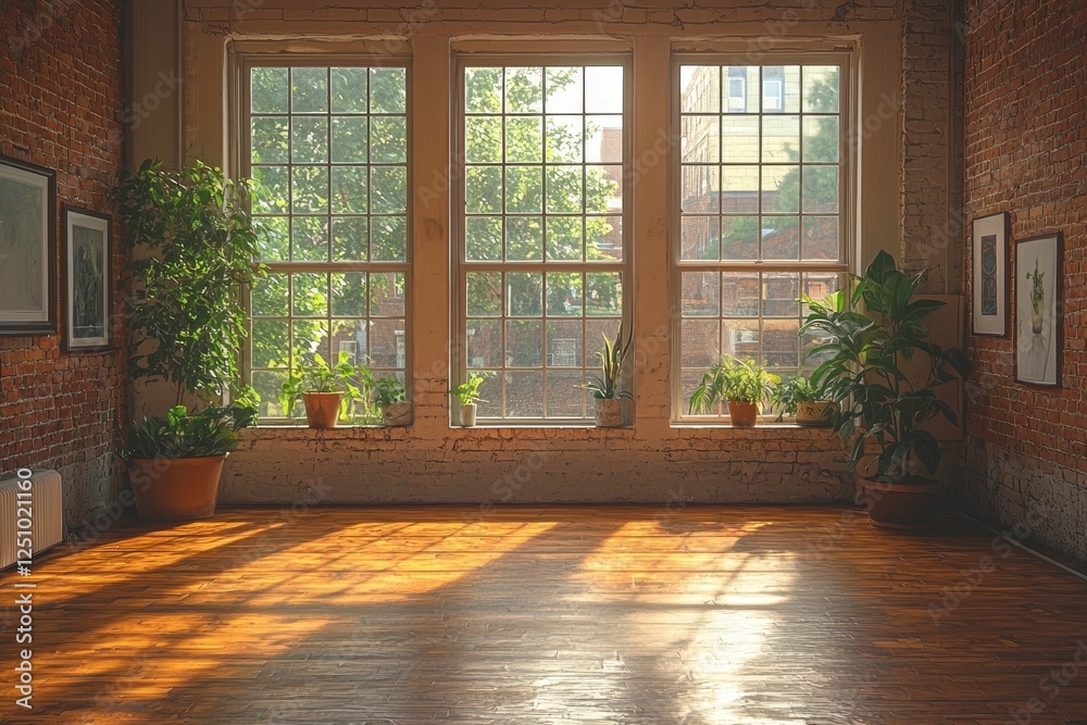 Fototapeta premium Sunlit Room with Plants and Large Windows