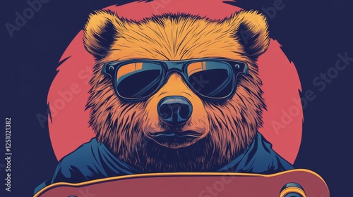 47.A stylized bear doll with sunglasses and a skateboard, featured in a vector art style. The bear looks cool and relaxed, with a catchy skate slogan integrated into the design, reflecting an urban,