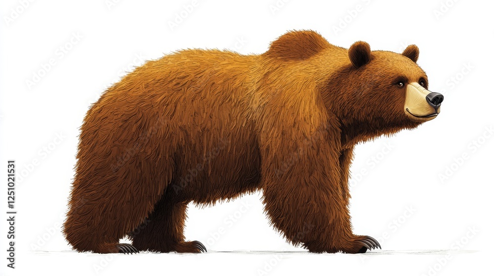 Obraz premium 35.A stylized cartoon grizzly bear in side view, with oversized paws, a thick, textured coat of brown fur, and a big nose. The bear stands on its hind legs, giving it an upright, strong appearance