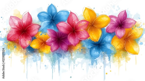Vibrant Watercolor Plumeria Flowers in Colorful Arrangement