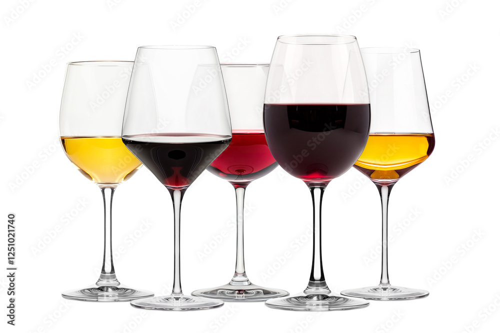 Set of red and white wine glasses isolated on white background. Rose wine splashing in glassware. Set of red and white wine glasses isolated on white background. Rose wine splashing in glassware.