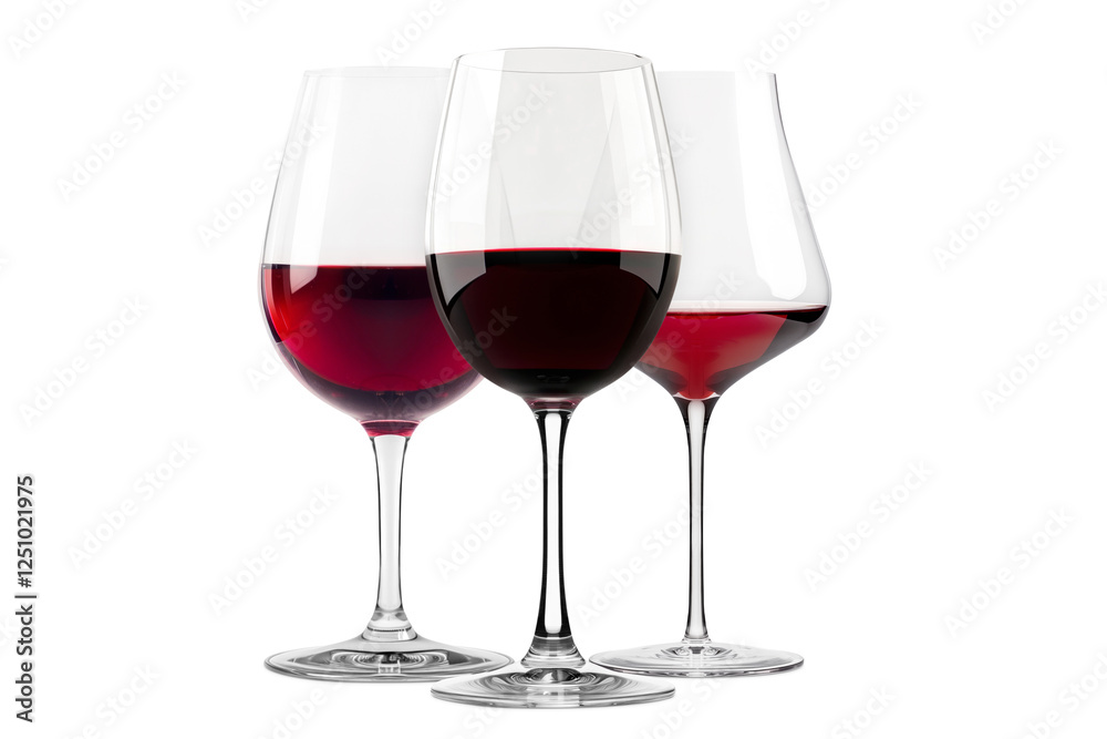 Set of red wine glasses isolated on white background. Rose wine splashing in glassware. Set of red wine glasses isolated on white background. Rose wine splashing in glassware.