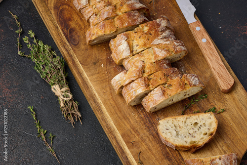 Fototapeta Naklejka Na Ścianę i Meble -  Sliced baguette with flax and spices on a wooden cutting board