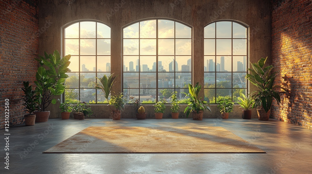 Fototapeta premium Sunlit Loft Apartment With City View And Plants