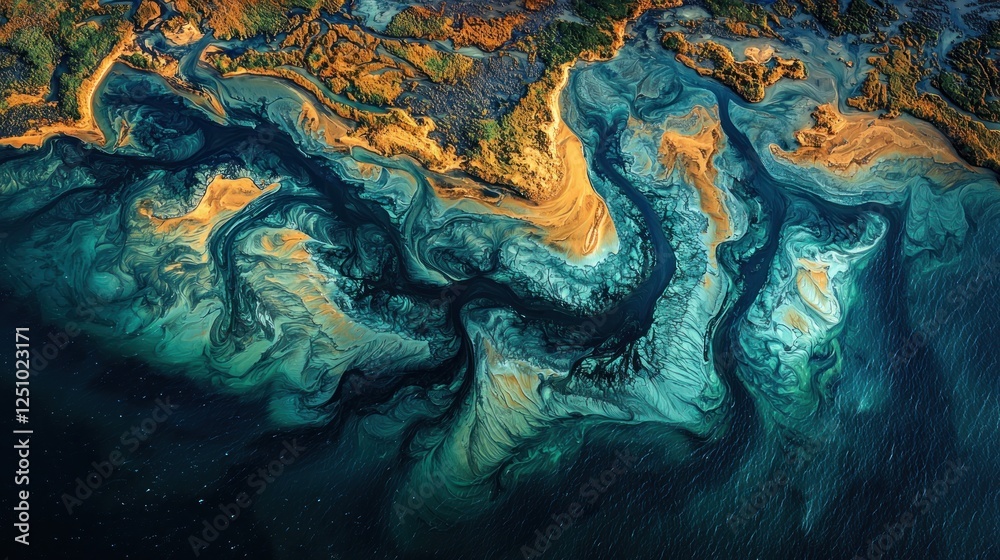 Naklejka premium Aerial view of vibrant ocean currents and sediment patterns along the coastline