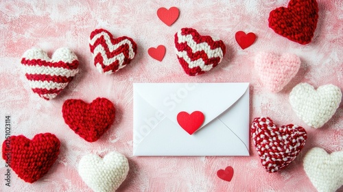 Heart-Shaped Crafts and Envelope on Pink Background with Hearts