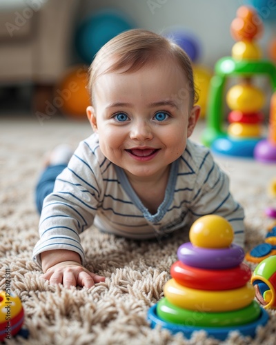 Happy Caucasian baby boy crawling on carpet