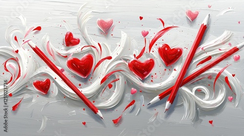 Colorful Abstract Art with Red Hearts and White Swirls on Canvas