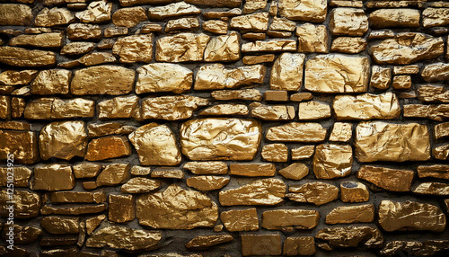 Eine Wandtextur aus robustem Stein mit goldenen Elementen, die das natürliche Erscheinungsbild des Materials betonen. Die vergoldeten Akzente verleihen einen luxuriösen, eleganten Touch photo