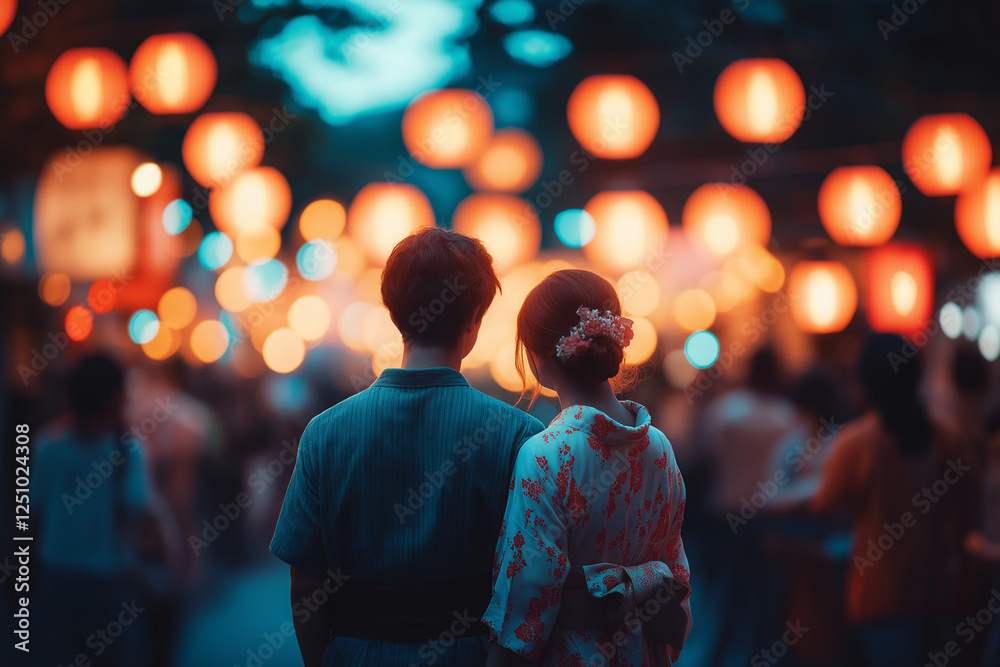 Fototapeta premium Zwei Personen in traditioneller Kleidung bei einem festlichen Abendmarkt