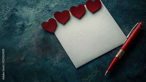 Romantic blank love note with red hearts and elegant pen on a textured deep teal background for Valentine’s Day.