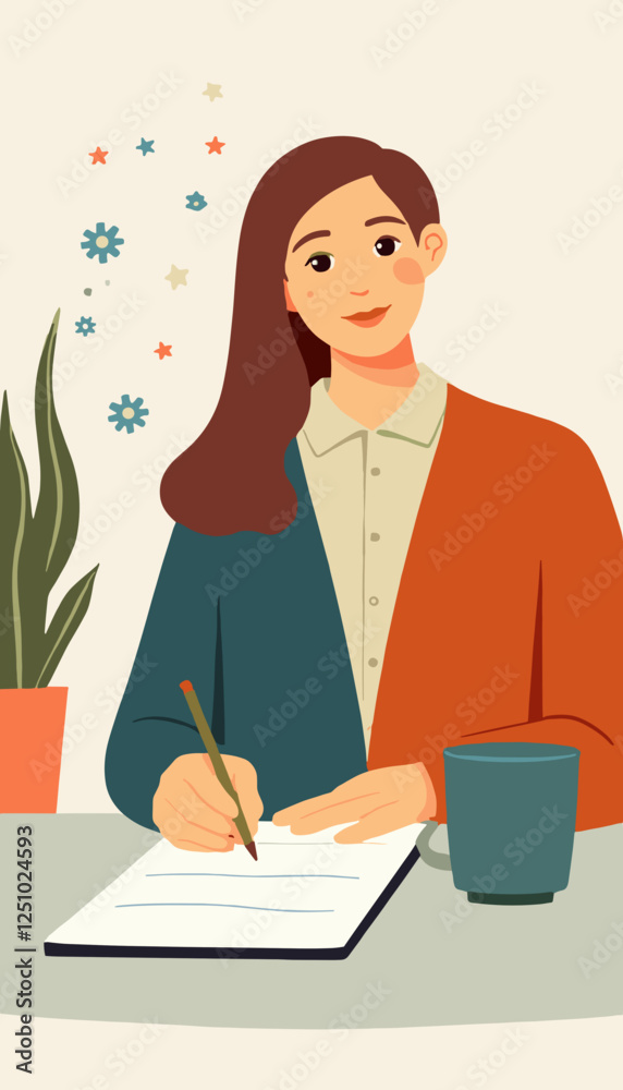 Young woman writing in a notebook with a cup of tea in a cozy indoor setting Young woman writing in a notebook with a cup of tea in a cozy indoor setting