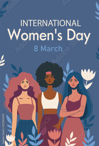 Equality Day, Women's Day, March 8. Women of different cultures, nationalities and skin colors stand together. Gender equality and women's empowerment. Vertical illustration for women's holidays