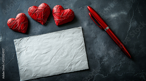  Textured love note with crumpled paper, red hearts, and stylish pen on a dark romantic background.