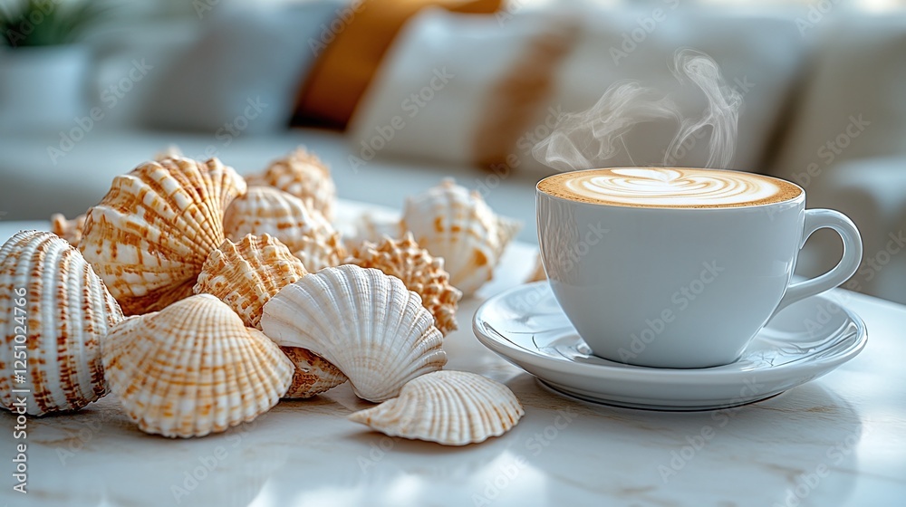 coffee on a table with shells and a view of the sea coffee on a table with shells and a view of the sea