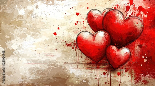 Colorful Hearts Illustration with Artistic Red Splash Background