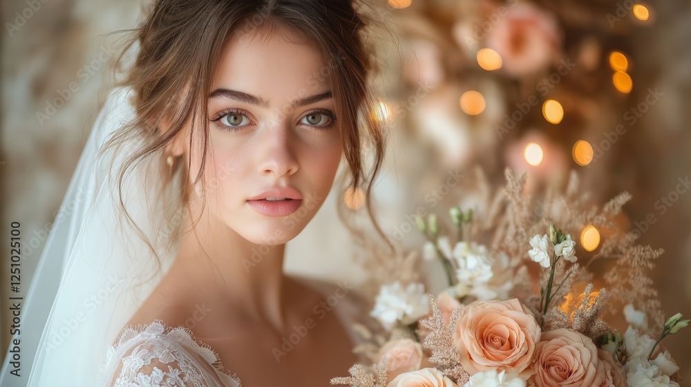 Naklejka premium Beautiful young Caucasian bride with a delicate lace wedding dress and pastel bouquet in soft golden light for bridal magazines, wedding blogs, and romantic photography