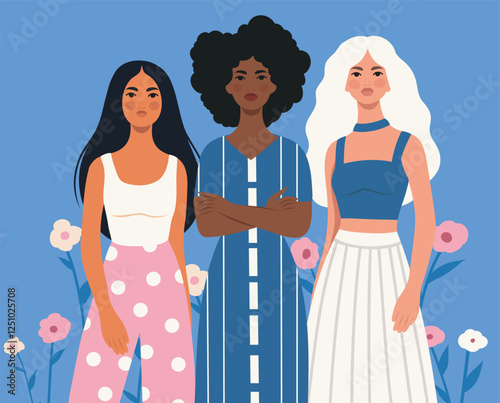 International Women's Day, March 8. Women of different skin colors and nationalities stand together. Soft pastel palette of pink and blue. Movements for freedom, gender equality and women's empowermen