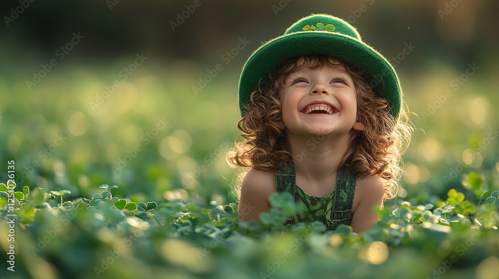 Happy child wearing a lucky green hat celebrates St. Patrick's Day amidst lush greenery with a joyful smile Happy child wearing a lucky green hat celebrates St. Patrick's Day amidst lush greenery with a joyful smile