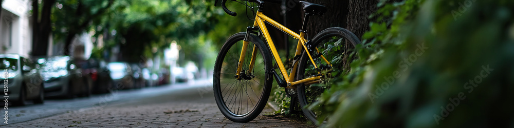 Yellow Bicycle Parked on City Street Yellow Bicycle Parked on City Street