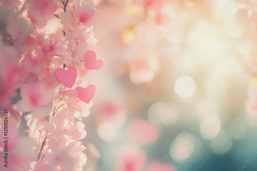 Pink Cherry Blossoms with Heart Shapes and Soft Sunlight Pink Cherry Blossoms with Heart Shapes and Soft Sunlight