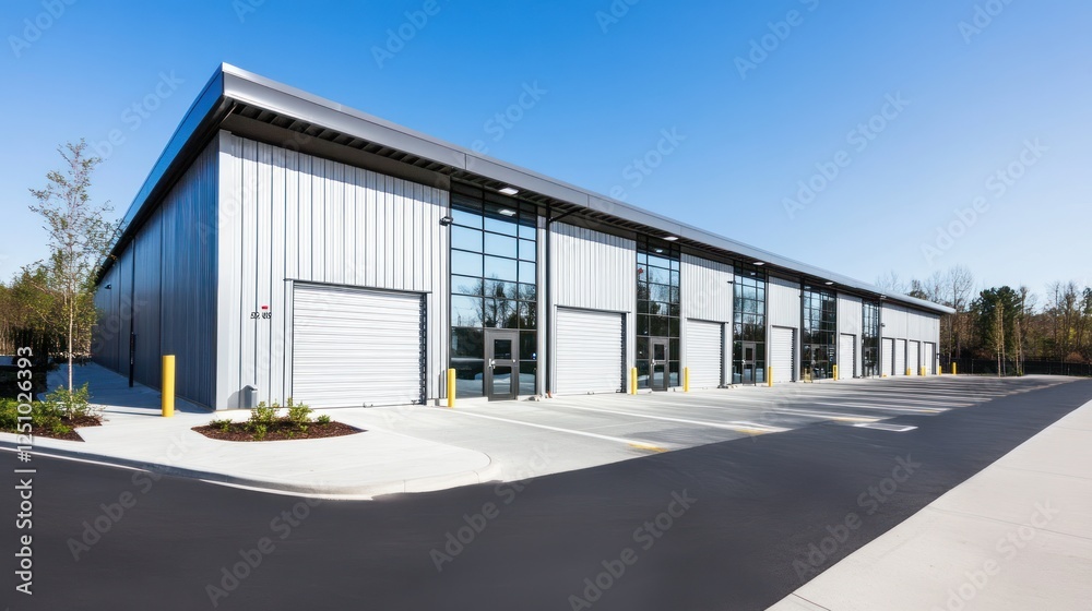 Modern commercial building facade with roll-up doors and large glass windows Modern commercial building facade with roll-up doors and large glass windows