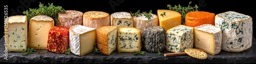 Variety of Artisanal Cheeses Arranged on a Rustic Stone Slab Garnished with Fresh Herbs and Crackers photo