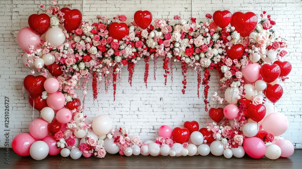 Obraz premium Romantic Festive Background with Heart-Shaped Balloons and Flowers