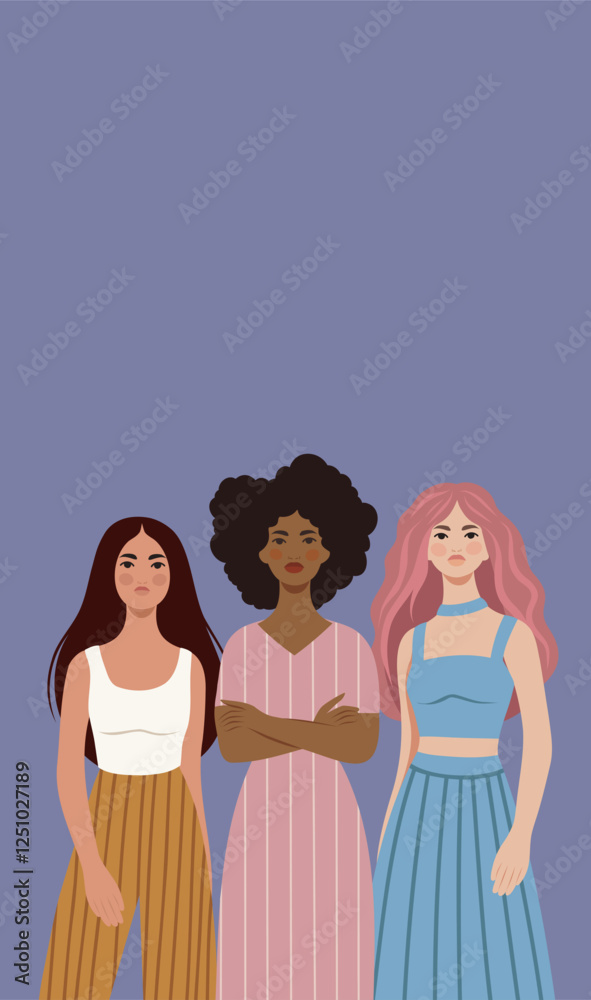 Women of different cultures, nationalities and skin colors stand side by side. Vector illustration for women's holidays and projects. Women's Day, March 8. Gender equality and women's empowerment Women of different cultures, nationalities and skin colors stand side by side. Vector illustration for women's holidays and projects. Women's Day, March 8. Gender equality and women's empowerment