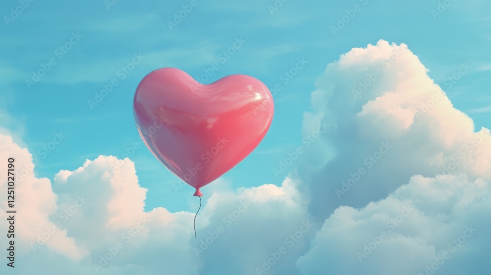 Fototapeta premium Pink Heart Shaped Balloon Floating Among Fluffy White Clouds in a Bright Blue Sky