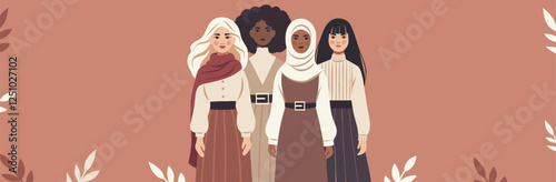 Women of different cultures, nationalities and skin colors stand together. Movements for gender equality and women's empowerment. Illustration with space for text for women's holidays