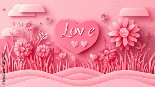 Romantic Pink Floral Design with Heart Shapes and Love Word Art
