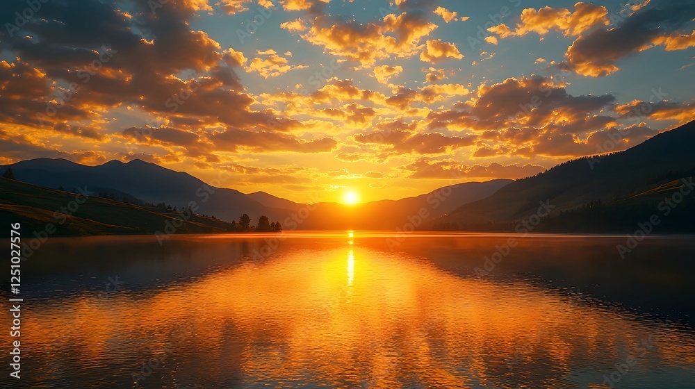 Obraz premium Breathtaking Sunset Over Calm Lake Surrounded by Towering Mountains Serene Nature Scenery