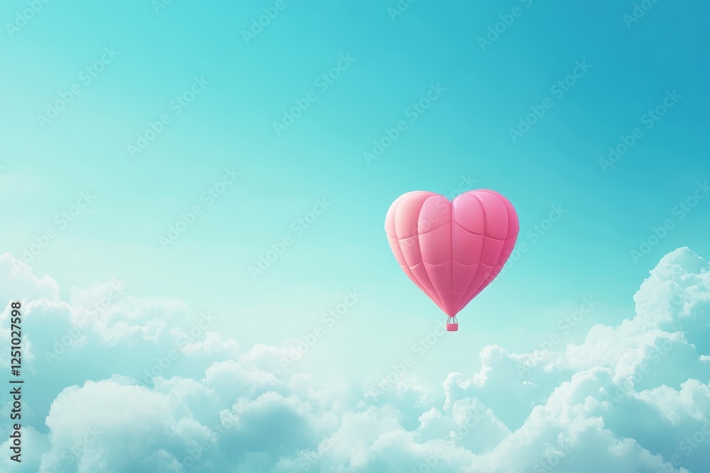Obraz premium Pink Heart Shaped Hot Air Balloon Floating Above Fluffy White Clouds in a Light Blue Sky