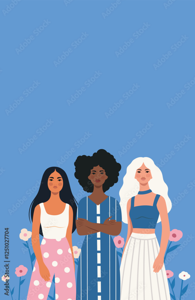 Women of different skin colors and hairstyles with text and colored background. Women's Day, feminism. Gender equality and women's empowerment. Illustration with space for text for women's holidays, p Women of different skin colors and hairstyles with text and colored background. Women's Day, feminism. Gender equality and women's empowerment. Illustration with space for text for women's holidays, p