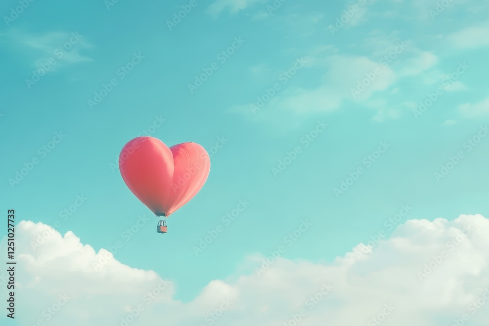Fototapeta premium Pink Heart Shaped Hot Air Balloon Soaring Through Pastel Sky