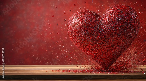 Glittering Red Heart Shattering with Shimmering Particles