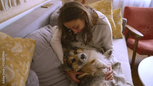 Woman, dog and pet in home for love, affection and trust or support in living room. Puppy, training and Welsh Corgi for adoption or rescue for animal, owner person and hug and canine best friend