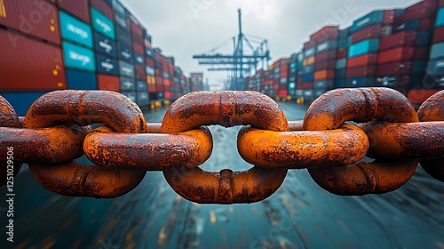 Industrial harbor with large steel chain serving as blockade in front of freight containers