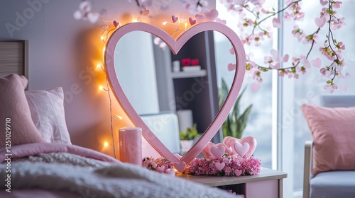 A heart-shaped mirror reflecting soft pink Valentinea??s decor in a stylish bedroom with natural lighting. photo