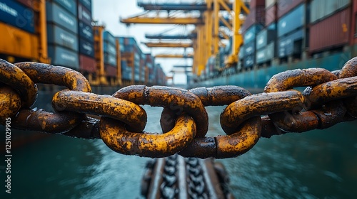 Industrial harbor with large steel chain serving as blockade in front of freight containers