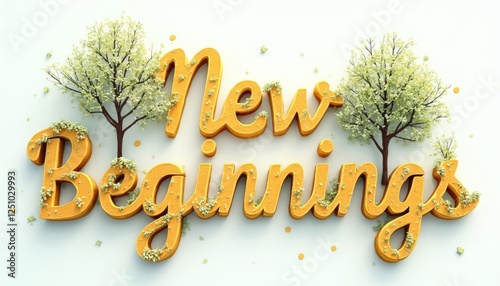 Floral typography celebrating new beginnings with blossoming trees