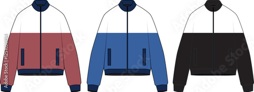 Set of vector illustrations of a fashionable windbreaker jacket in 90s style, with zipper, white, blue, red colors. Sketch of colorful bomber oversize jacket. Drawing of outerwear for sports, casual