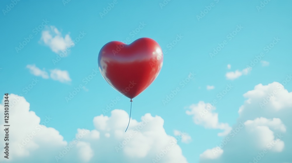 Red Heart Shaped Balloon Ascending in a Blue Sky with Fluffy White Clouds Red Heart Shaped Balloon Ascending in a Blue Sky with Fluffy White Clouds