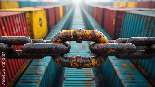 Economic crisis metaphor with thick chain preventing access to industrial cargo containers photo
