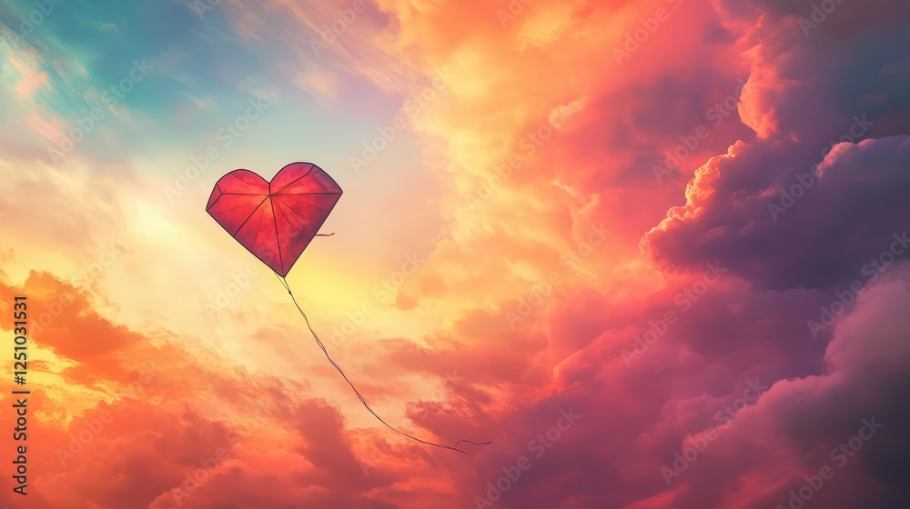Fototapeta premium Red Heart Shaped Kite Soaring in a Vibrant Sunset Sky