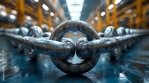 Industrial blockade concept with massive steel chain restricting movement in cargo facility